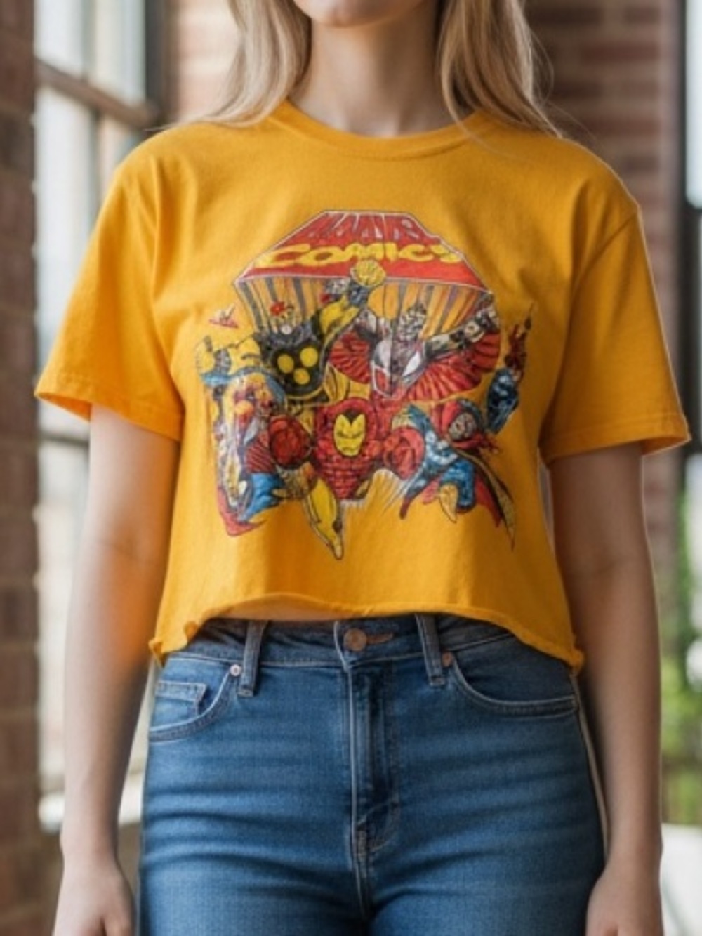 MARVEL Yellow Graphic Comic Crop Tee MEDIUM